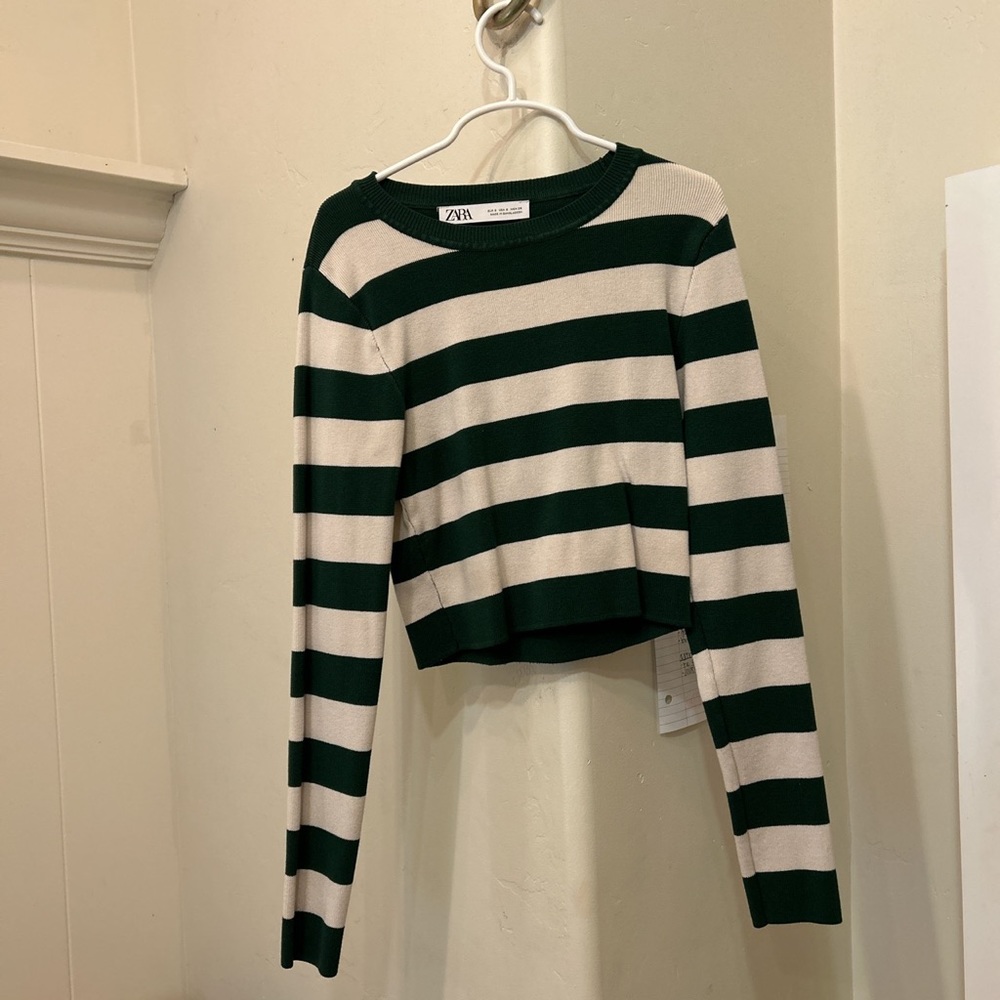 Zara green and white striped cropped sweater